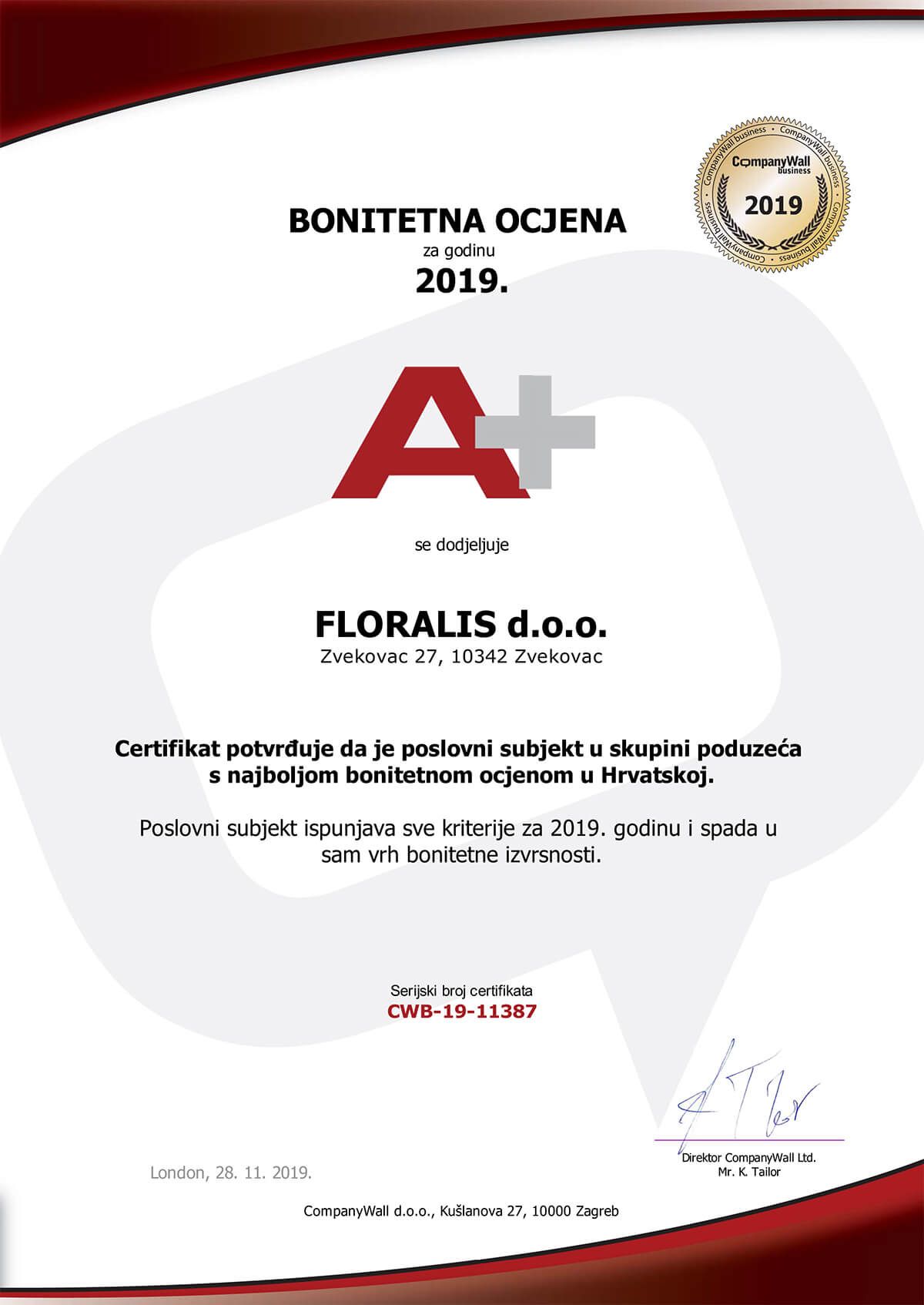 A+ BONITETNA OCJENA za godinu 2019. A+ BONITETNA OCJENA za godinu 2019.